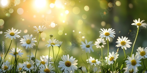 Daisies in full bloom on vibrant luscious green meadow under sunlight. Concept Wildflower Photography, Nature Portrait, Sunny Meadow Scene, Blooming Daisy Field, Vibrant Outdoor Shoot