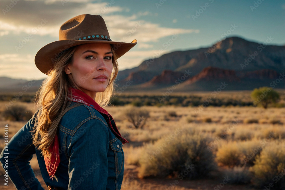 American Cowgirl Beauty Portrait with Scenic Nature Background