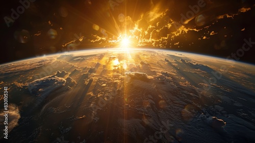 Stunning view of Earth from space at sunrise with golden light spreading over the horizon and illuminating the clouds. Generative Ai