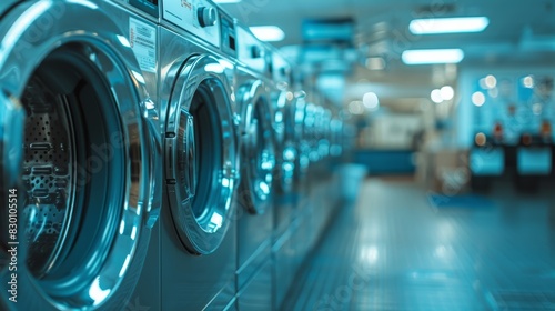 Modern laundry shop interior with rows of washing machines, clean and organized for efficient service. Generative Ai photo