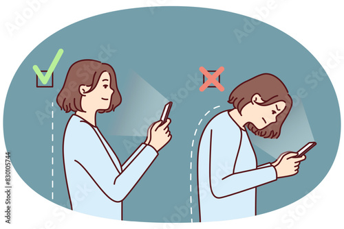 Girl with mobile phone demonstrates correct and incorrect posture while using applications. Woman with curvature of spine is hunched over due to poor posture and needs help of masseur or osteopath