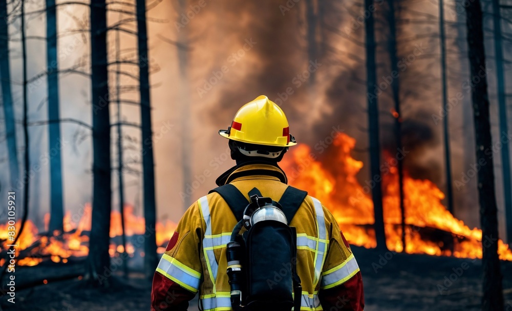 Firefighter confronts fire. Fireman battling the forest blaze. Fireproof clothing, protective equipment. Firefighter searches for possible survivors. Natural disaster, natural calamity, cataclysm. Firefighter confronts fire. Fireman battling the forest blaze. Fireproof clothing, protective equipment. Firefighter searches for possible survivors. Natural disaster, natural calamity, cataclysm.