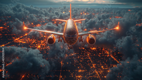 A plane is flying through a city at night with a bright orange glow