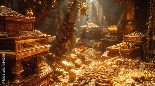 A treasure room filled with piles of gold bars, gold coins, and gold jewelry. The light shines brightly, making the gold shine.