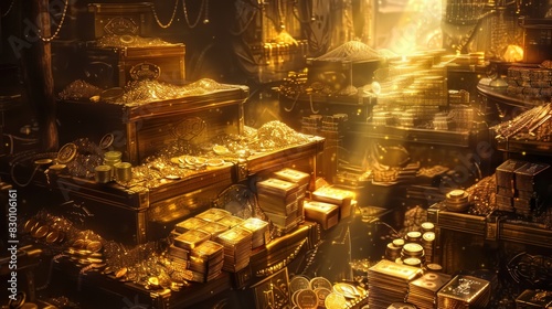 A treasure room filled with piles of gold bars, gold coins, and gold jewelry. The light shines brightly, making the gold shine.