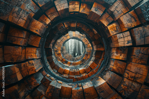 Scene of an abstract city with wooden blocks arranged in concentric circles  forming a radial urban design 