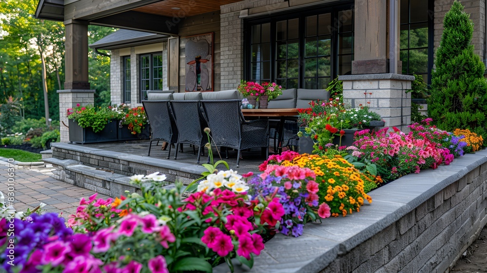 Brick Patio with Built-in Planters: colorful flowers, wooden dining table and cushioned chairs Brick Patio with Built-in Planters: colorful flowers, wooden dining table and cushioned chairs