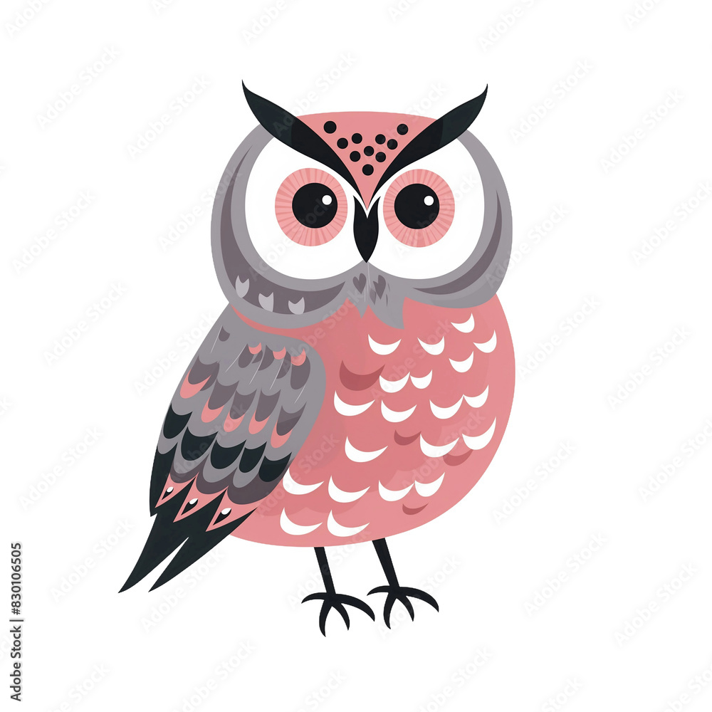 2d illustration pastel pink grey cute different view Owl painted png transparent background
