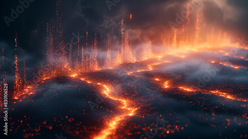 A fiery landscape with a lava flow and smoke in the background