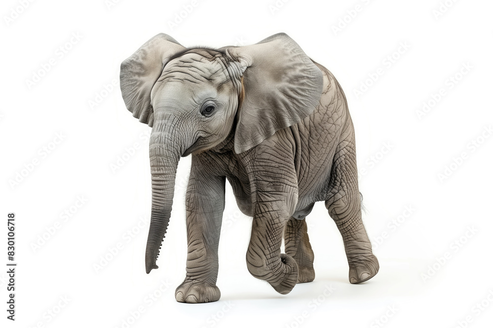 Fototapeta premium Adorable Baby Elephant Walking on White Background