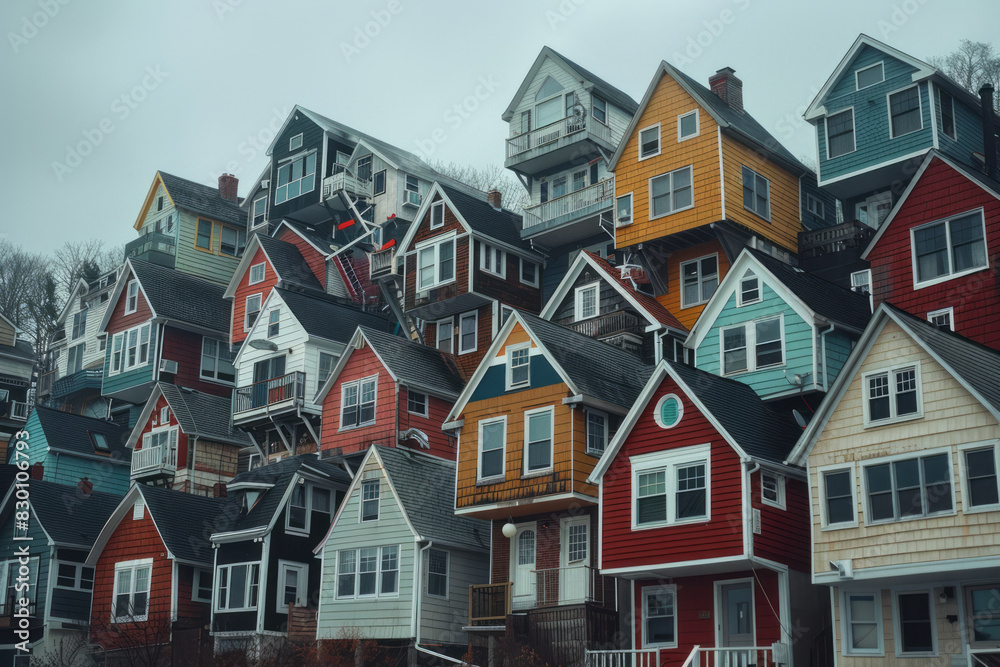 Scene showing a row of townhouses stacked on top of each other haphazardly, defying gravity and appearing unstable, Scene showing a row of townhouses stacked on top of each other haphazardly, defying gravity and appearing unstable,