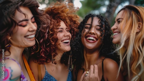 A group of diverse young women with stunning hairstyles and trendy fashion  laughing and enjoying each other s company.