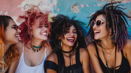 A group of diverse young women with stunning hairstyles and trendy fashion, laughing and enjoying each other's company.