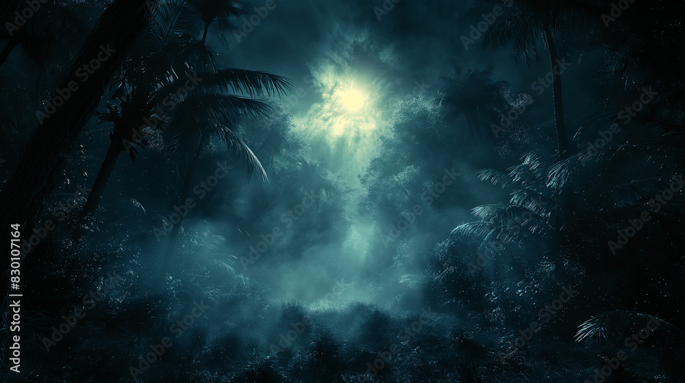 Fototapeta premium A dark forest with a moon in the sky