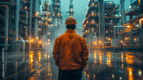 A man in a yellow jacket stands in front of a large industrial plant