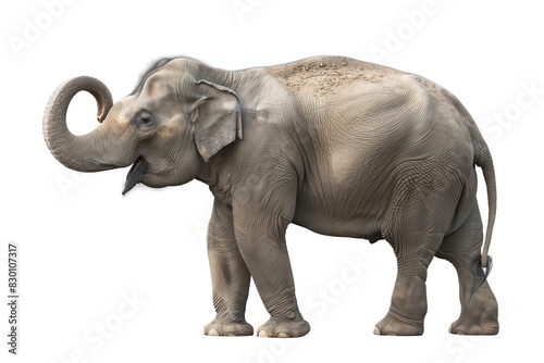 Asian Elephant Standing Upright with Raised Trunk on White Background