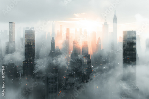 Artistic rendering of a city with tall  slender buildings that sway in the wind  giving a sense of instability 