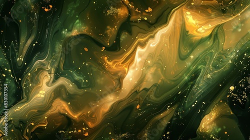 Marbled abstract in sienna olive and yellow with shimmer background