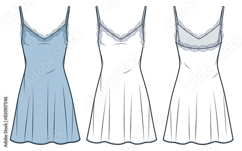 Slip Dress technical fashion illustration. Mini Dress with Lace trim fashion flat technical drawing template, side zip-up, strap, front and back view, white, light blue, women CAD mockup set.