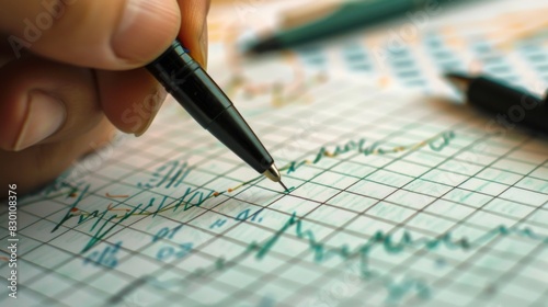 A hand holding a pen, drawing a line graph on grid paper, with calculations and annotations for data interpretation. photo