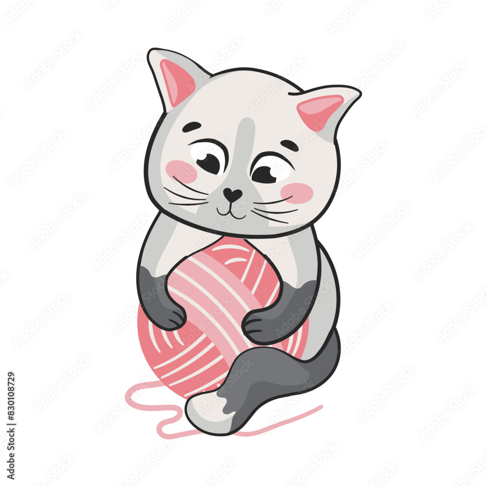 Cute cat character playing with the pink yarn Cute cat character playing with the pink yarn
