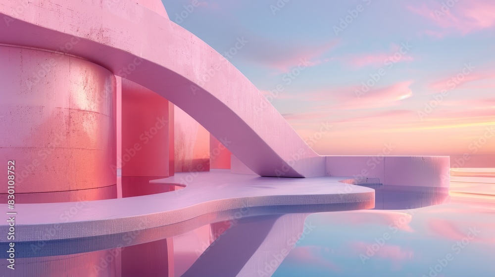 Fototapeta premium 3D render of surreal pastel landscape with abstract architecture, close up, beautiful gradient sky, whimsical, Composite, calm lake backdrop