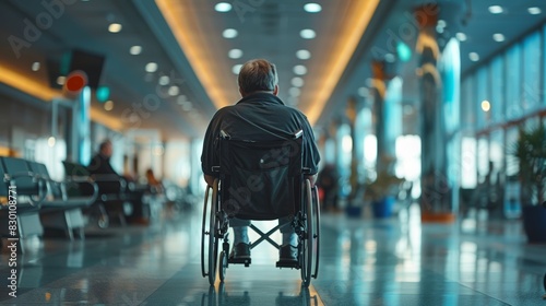 A poignant moment captured as a man in a wheelchair navigates the quiet expanse of a modern waiting hall. Generative Ai © lemoncraft