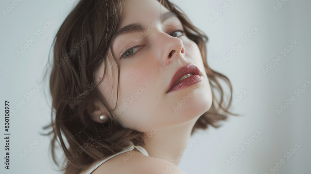 Close up portrai of elegant woman wearing trendy pearl earrings, posing on white background Close up portrai of elegant woman wearing trendy pearl earrings, posing on white background