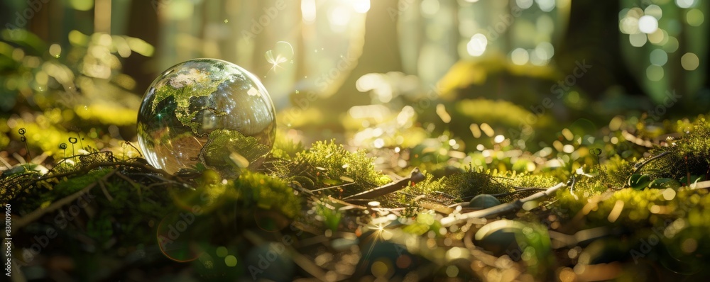 Green globe in the forest with moss and sunlight