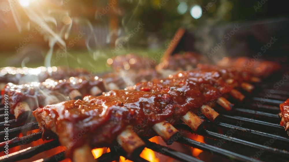 Barbecued ribs on grill, close up, cooking process, vibrant, Overlay, backyard backdrop Barbecued ribs on grill, close up, cooking process, vibrant, Overlay, backyard backdrop