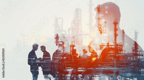 Manufacturing industry and business professionals merged in a double exposure, symbolizing the interconnectedness of industry and human enterprise. Generative Ai