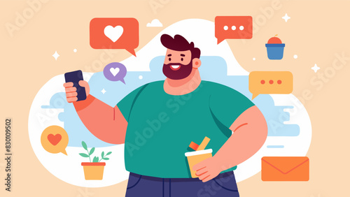 A man confidently shares his journey of rejecting diet culture on social media using his platform to spread body positivity and challenge societal beauty standards.. Vector illustration
