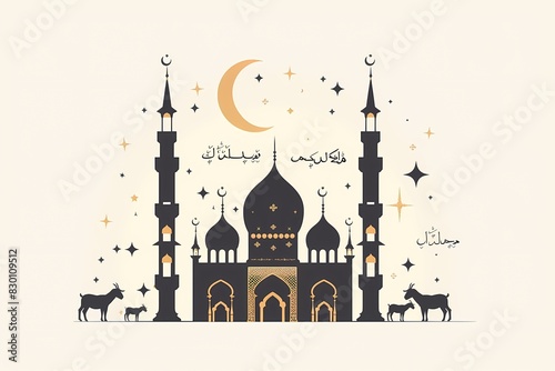 Illustration of a beautifully lit mosque with crescent moon stars and grazing animals at dusk. Happy Al Adha banner with mosque illustration, Islamic ornaments, and goat for festive celebration