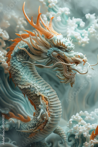 Scene showing a dragon symbolizing air with clouds and winds, a sea serpent symbolizing water with turbulent waves, and a turtle symbolizing earth with lush jungles,