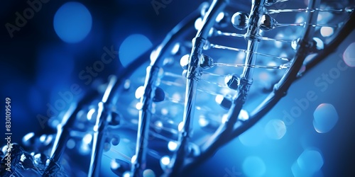 Blue and silver DNA double helix title in electric blue background. Concept Science, Genetics, DNA, Double Helix, Electric Blue Background