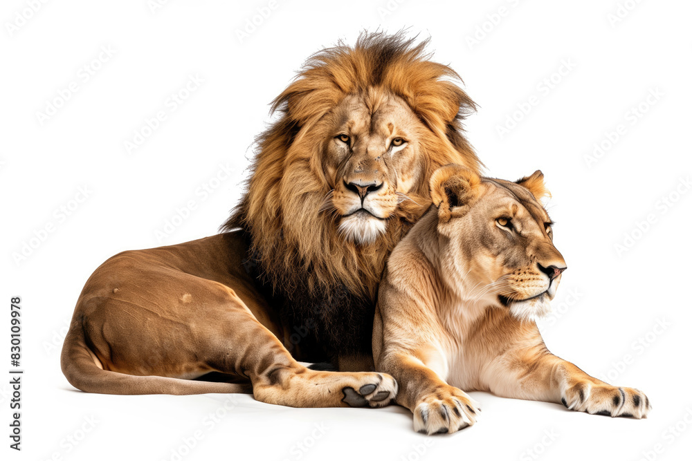 Majestic Lion And Lioness Resting Together On White Background Majestic Lion And Lioness Resting Together On White Background