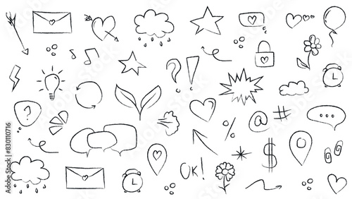 Sketch line arrow element, star, heart shape on chalkboard background. Doodle sketch style circle, cloud speech bubble grunge element. Arrow, star, heart decoration. Vector illustration