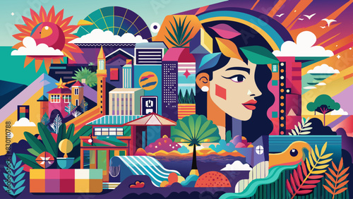 The visually vivid and stylized representation combines the female profile with various urban and natural elements, thus a seamless amalgamation of the two. Geometric shapes and colorful patterns.AI 