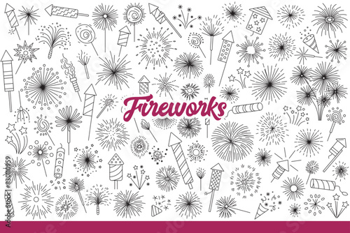 Fireworks and firecrackers for bright holiday show with flashes and explosion of gunpowder in sky. Firecracker rockets with fireworks to celebrate new year or christmas. Hand drawn doodle