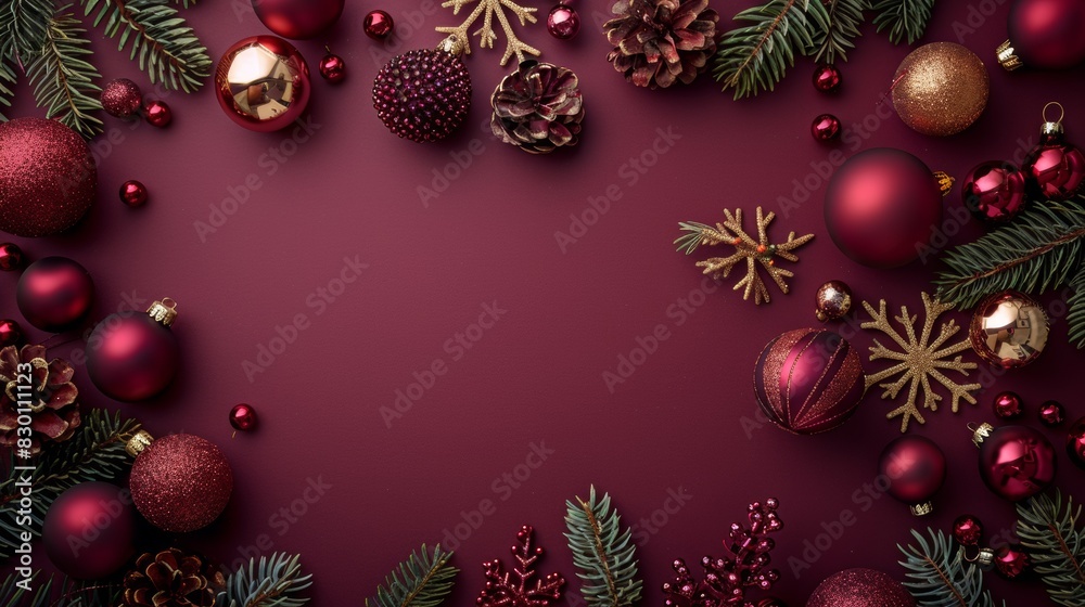 Elegant Christmas frame with red ornaments, pine cones, and berries on a deep crimson background for festive designs. Generative Ai