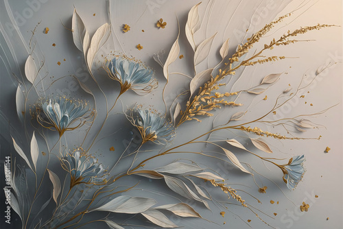 An exquisite and minimalistic artistic portrait featuring delicate golden blue-colored flowers and elongated leaves, gracefully arranged against a soft pastel background.