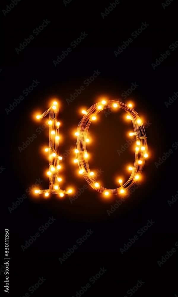 The number 10 made of string lights, glowing brightly. The lights are arranged to form the shape of the number 10, with a warm and festive glow. The overall effect is cheerful and decorative. Vertical