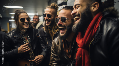 There are four people in black leather jackets. They are all smiling and laughing. Three of them are holding guitars.

 photo