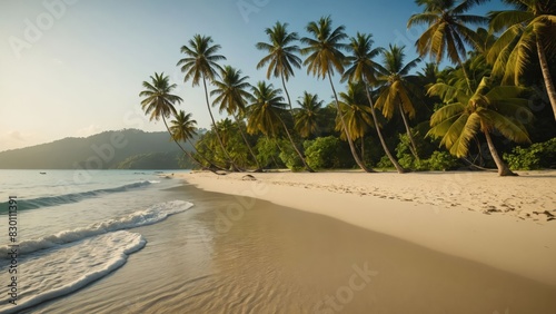 Tropical beach paradise with white sand  crystal-clear waters  and palm trees under a golden sunrise. Perfect destination for relaxation and travel.