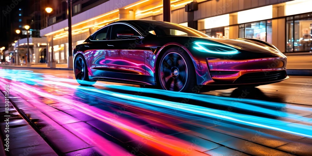 Electric vehicles colorful streaks symbolize citys shift to clean transportation swiftly. Concept Electric Vehicles, Clean Transportation, City Shift, Colorful Streaks, Sustainability