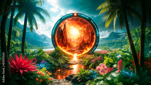 Portal resembling Hell's Gate, surrounded by lush jungle, reveals menacing landscape with jagged, black spires and flowing lava