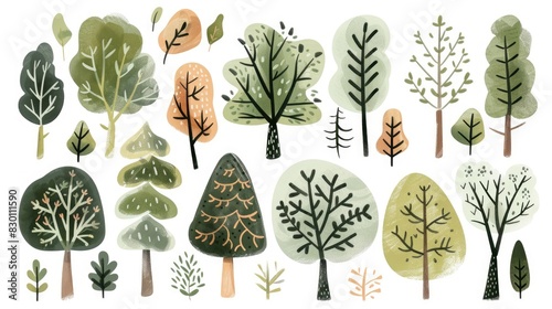Variety of tree drawings with diverse decorations on a white backdrop in green and brown hues Featuring assorted textures and a simplistic doodle style of branches and foliage photo