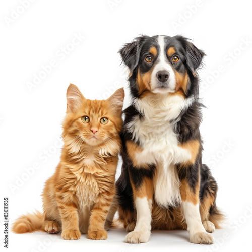 Cute and Funny Cat and Dog Sitting Together on White Background