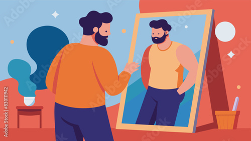 A man struggling with body dysmorphia spending hours in the mirror and constantly comparing himself to unrealistic standards set by society.. Vector illustration