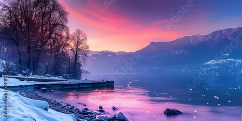 Winter Sunset at Lake Annecy in Haute-Savoie, France: A Scenic View of Snowy Mountains in the French Alps. Concept Snowy Mountains, Lake Annecy, Haute-Savoie, Winter Sunset, French Alps